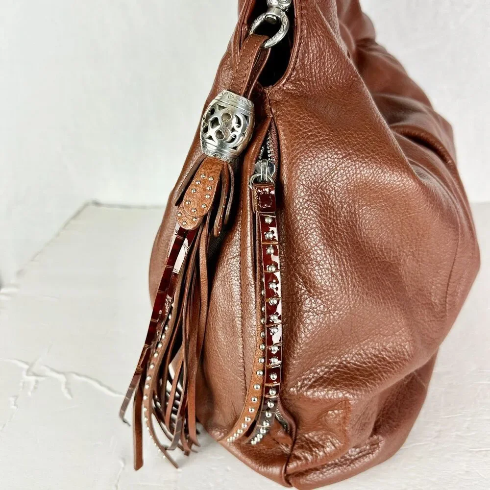 Brighton Femme Fatal Gretta Garbo Studded Shoulder Bag Hobo Brown Tassel Leather